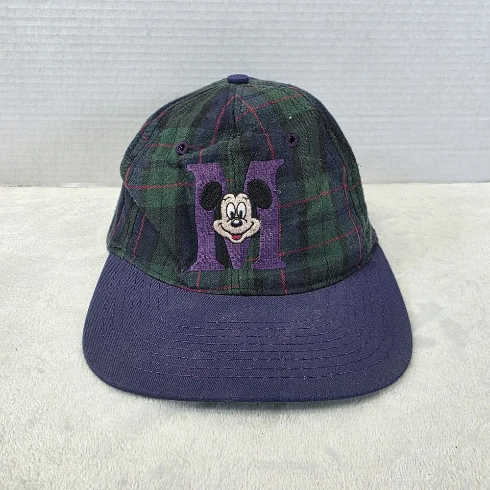 Vintage Plaid Mickey Mouse Snapback Hat Goofy's Hat Disney Green Blue USA‎ Made